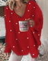 V-Neck Long Sleeve Beaded Decor Oversized Sweater Fluffy Pullover Top red