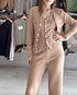 3 Pcs Outfits V Neck Long Sleeve Knit Coat with Metal Button Detail Tank Top Casual Long Pants Knit Sets khaki