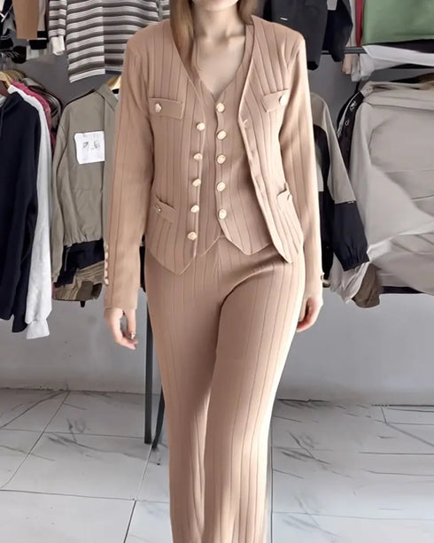 3 Pcs Outfits V Neck Long Sleeve Knit Coat with Metal Button Detail Tank Top Casual Long Pants Knit Sets khaki