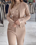 3 Pcs Outfits V Neck Long Sleeve Knit Coat with Metal Button Detail Tank Top Casual Long Pants Knit Sets khaki