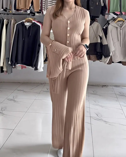 3 Pcs Outfits V Neck Long Sleeve Knit Coat with Metal Button Detail Tank Top Casual Long Pants Knit Sets khaki