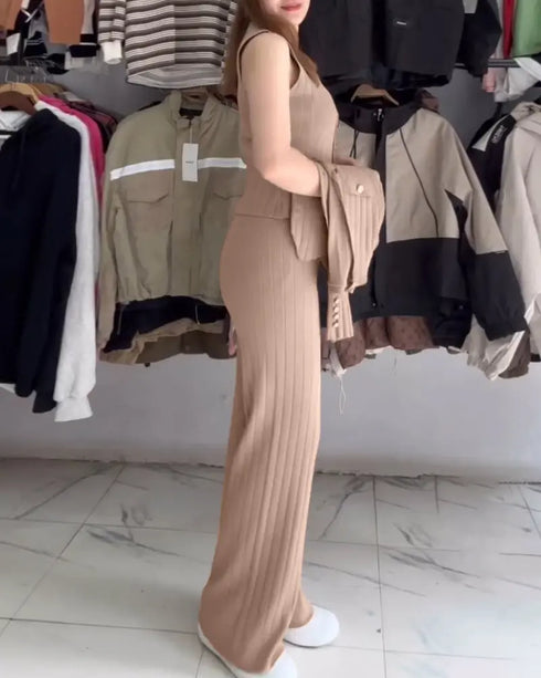 3 Pcs Outfits V Neck Long Sleeve Knit Coat with Metal Button Detail Tank Top Casual Long Pants Knit Sets khaki