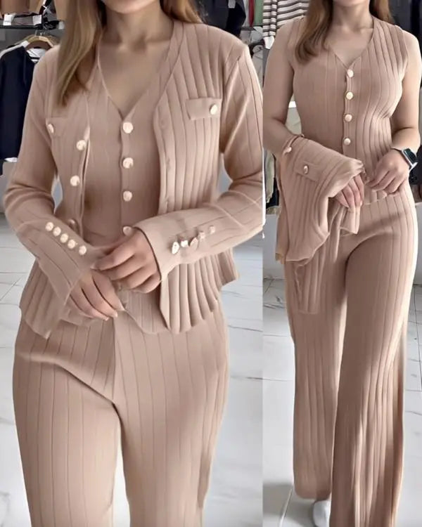 3 Pcs Outfits V Neck Long Sleeve Knit Coat with Metal Button Detail Tank Top Casual Long Pants Knit Sets khaki