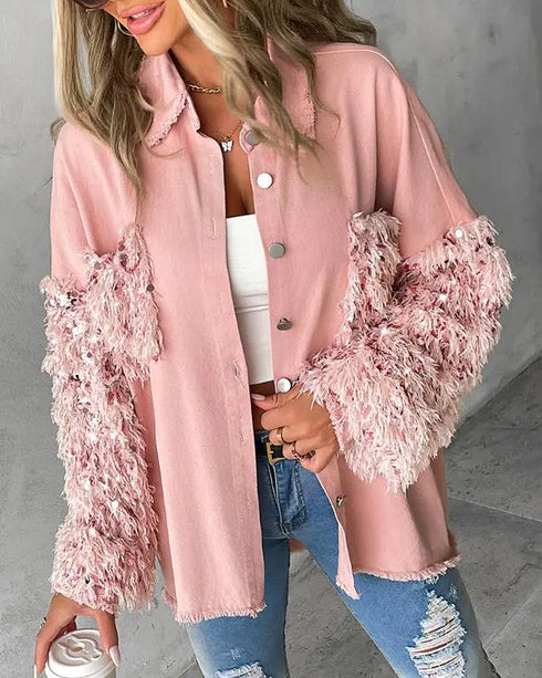 Contrast Sequin Turn-down Collar Long Sleeve Tassel Design Fuzzy Shacket with Pocket pink