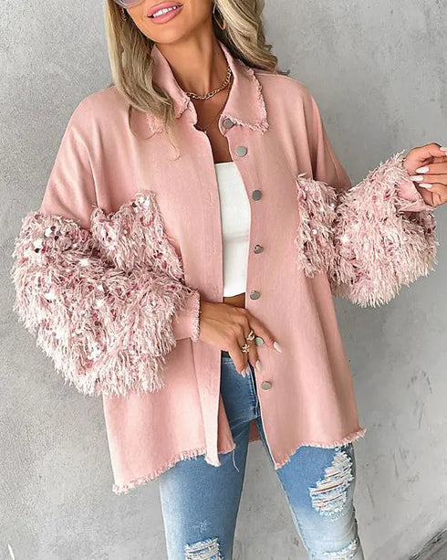 Sequin Decor Turn-down Collar Button Front Pockets Design Denim Coat Casual Fuzzy Spliced Raw Trim Shacket pink