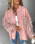 Contrast Sequin Turn-down Collar Long Sleeve Tassel Design Fuzzy Shacket with Pocket pink