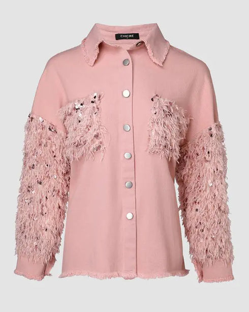Sequin Decor Turn-down Collar Button Front Pockets Design Denim Coat Casual Fuzzy Spliced Raw Trim Shacket pink