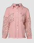 Contrast Sequin Turn-down Collar Long Sleeve Tassel Design Fuzzy Shacket with Pocket pink