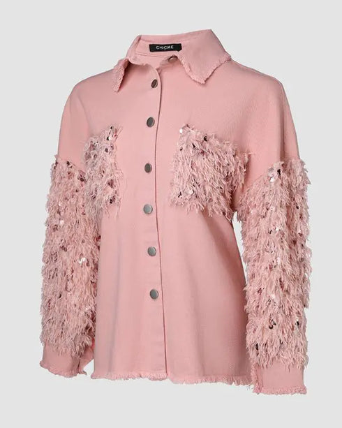 Sequin Decor Turn-down Collar Button Front Pockets Design Denim Coat Casual Fuzzy Spliced Raw Trim Shacket pink
