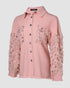 Sequin Decor Turn-down Collar Button Front Pockets Design Denim Coat Casual Fuzzy Spliced Raw Trim Shacket pink