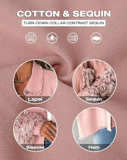 Casual Jacket Sequin Patchwork Long Sleeve Jacket Top Button Front Raw Hem Oversized Denim Shacket pink