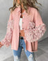 Sequin Decor Turn-down Collar Button Front Pockets Design Denim Coat Casual Fuzzy Spliced Raw Trim Shacket pink