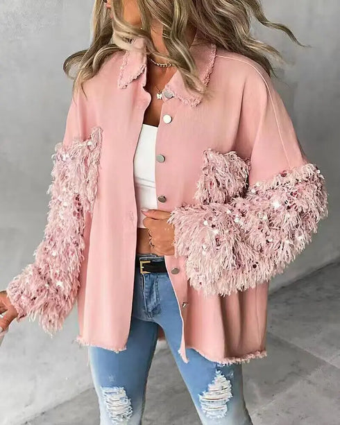 Contrast Sequin Turn-down Collar Long Sleeve Tassel Design Fuzzy Shacket with Pocket pink