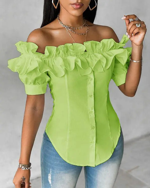 Off the Shoulder Short Sleeve Blouses Asymmetrical Button Ruffles Blouses green
