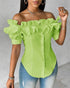 Off the Shoulder Short Sleeve Blouses Asymmetrical Button Ruffles Blouses green