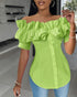 Off the Shoulder Short Sleeve Blouses Asymmetrical Button Ruffles Blouses green