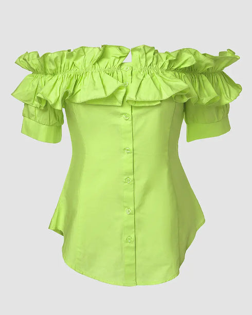 Off the Shoulder Short Sleeve Blouses Asymmetrical Button Ruffles Blouses green