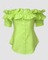 Off the Shoulder Short Sleeve Blouses Asymmetrical Button Ruffles Blouses green