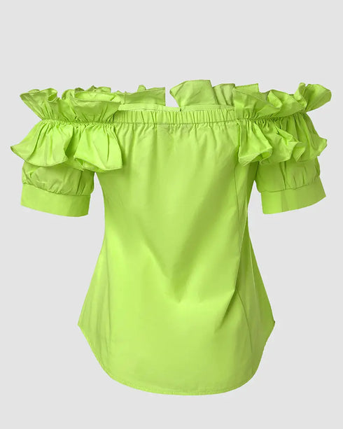 Off the Shoulder Short Sleeve Blouses Asymmetrical Button Ruffles Blouses green