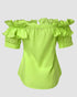 Off the Shoulder Short Sleeve Blouses Asymmetrical Button Ruffles Blouses green