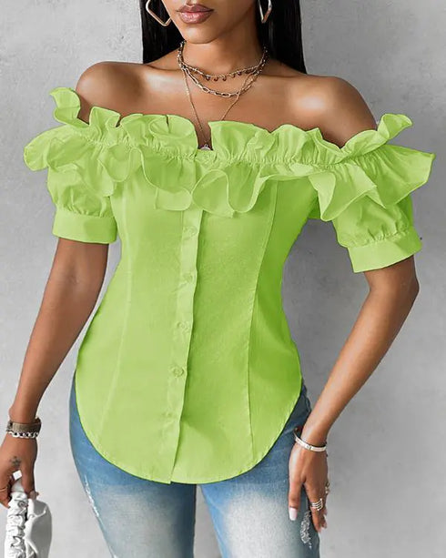 Off the Shoulder Short Sleeve Blouses Asymmetrical Button Ruffles Blouses green