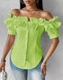 Off the Shoulder Short Sleeve Blouses Asymmetrical Button Ruffles Blouses green