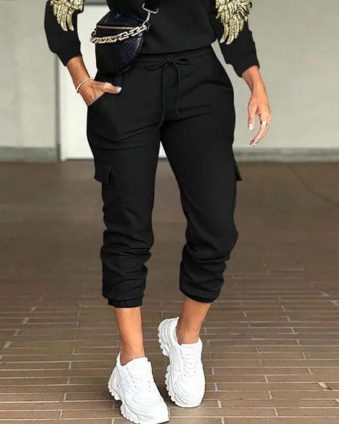 2 Piece Sequin Wings Pattern Pullover Tops Stretchy Waist Cuffed Pants Matching Outfits Tracksuits black
