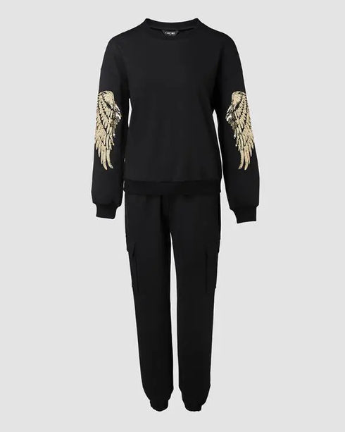 2 Piece Sequin Wings Pattern Pullover Tops Stretchy Waist Cuffed Pants Matching Outfits Tracksuits black
