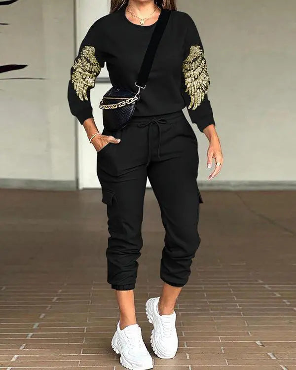 2 Piece Sequin Wings Pattern Pullover Tops Stretchy Waist Cuffed Pants Matching Outfits Tracksuits black