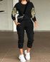 2 Piece Sequin Wings Pattern Pullover Tops Stretchy Waist Cuffed Pants Matching Outfits Tracksuits black