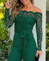 Metal Decor Scallop Trim V-Neck Lace Overlay Jumpsuit Casual Lace Long Sleeve Zipper Back Jumpsuit dark green