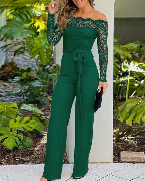 Metal Decor Scallop Trim V-Neck Lace Overlay Jumpsuit Casual Lace Long Sleeve Zipper Back Jumpsuit dark green