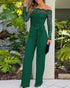 Metal Decor Scallop Trim V-Neck Lace Overlay Jumpsuit Casual Lace Long Sleeve Zipper Back Jumpsuit dark green