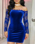 Off Shoulder Long Sleeve Lace Spliced Ruched Evening Dress Velvet Mini Party Dress blue