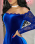 Off Shoulder Long Sleeve Lace Spliced Ruched Evening Dress Velvet Mini Party Dress blue