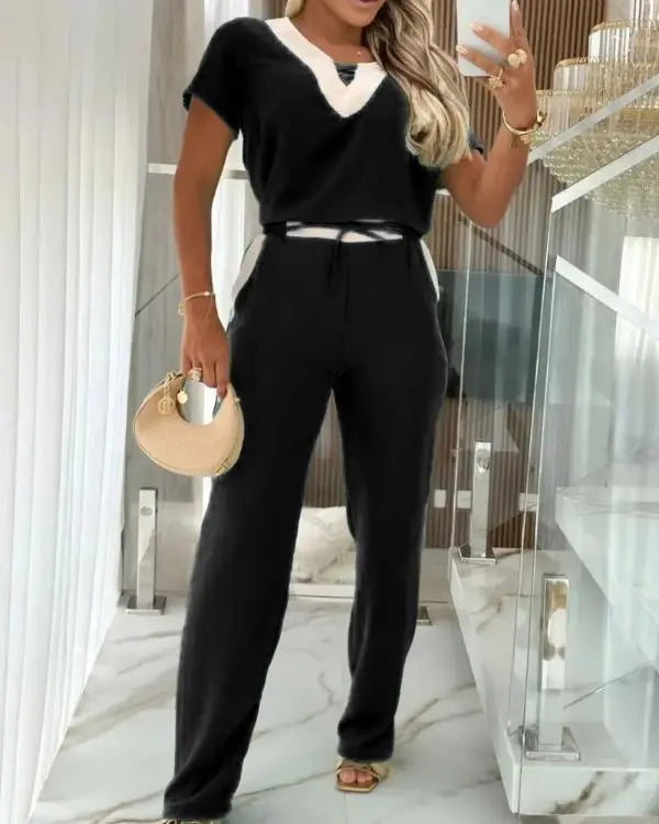 2 Pieces Colorblock V Neck Short Sleeve Top and Casual Drawstring Waist Pants Set black