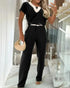 2 Pieces Colorblock V Neck Short Sleeve Top and Casual Drawstring Waist Pants Set black