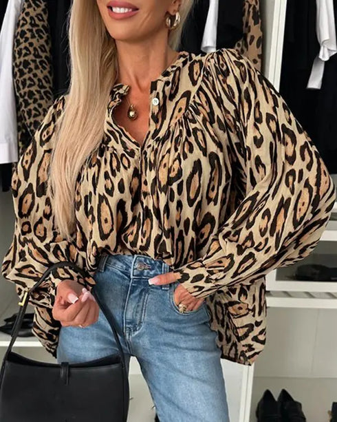 Leopard Print Round Neck Long Sleeve Front Button Blouse Casual Top brown