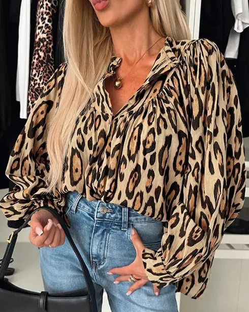 Leopard Print Round Neck Long Sleeve Front Button Blouse Casual Top brown