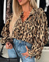 Leopard Print Round Neck Long Sleeve Front Button Blouse Casual Top brown