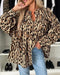 Leopard Print Round Neck Long Sleeve Front Button Blouse Casual Top brown