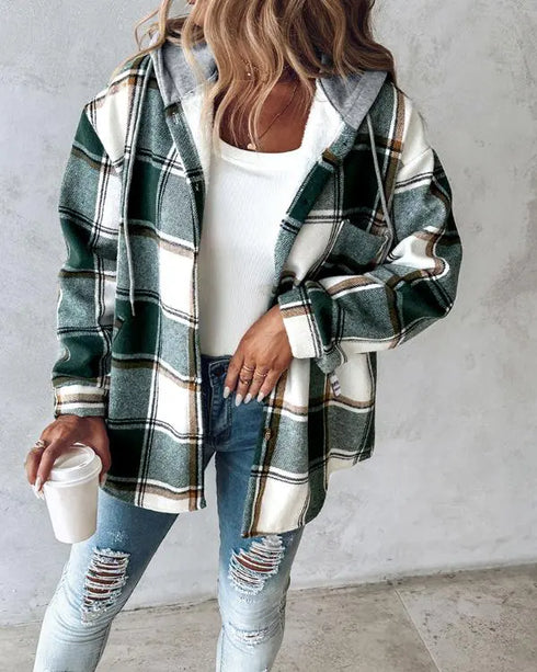 Plaid Print Button Front Pocket Design Drawstring Hoodie Jacket Casual Asymmetrical Hem Thermal Lined Warm Coat green