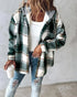 Plaid Print Long Sleeve Button Front Drawstring Hoodie Coat Casual Pocket Design Thermal Lined Shirt Coat green