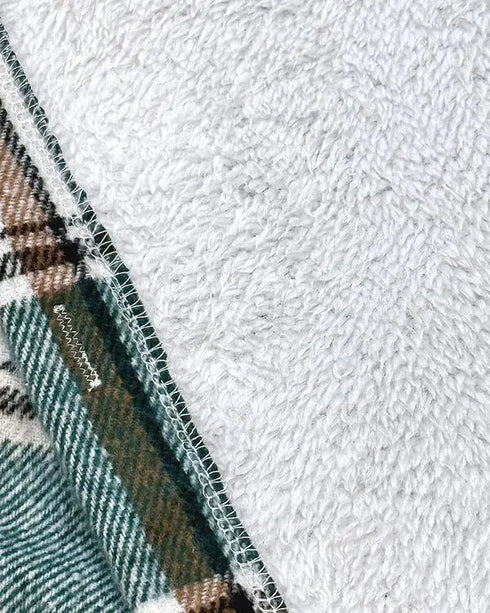 Plaid Print Button Front Pocket Design Drawstring Hoodie Jacket Casual Asymmetrical Hem Thermal Lined Warm Coat green