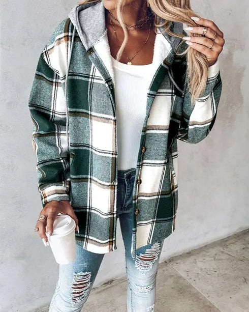 Plaid Print Long Sleeve Button Front Drawstring Hoodie Jacket Casual Pocket Design Thermal Lined Warm Coat green