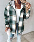 Plaid Print Long Sleeve Button Front Drawstring Hoodie Jacket Casual Pocket Design Thermal Lined Warm Coat green
