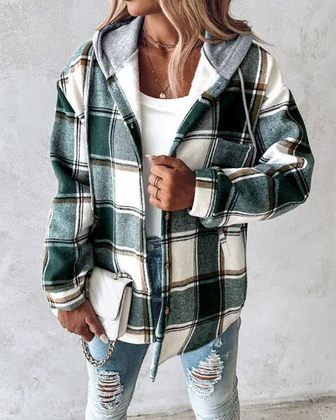 Plaid Print Long Sleeve Button Front Drawstring Hoodie Coat Casual Pocket Design Thermal Lined Shirt Coat green