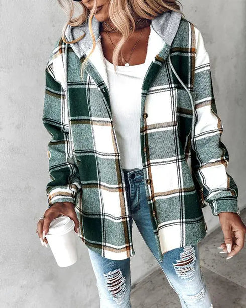 Plaid Print Button Front Pocket Design Drawstring Hoodie Jacket Casual Asymmetrical Hem Thermal Lined Warm Coat green