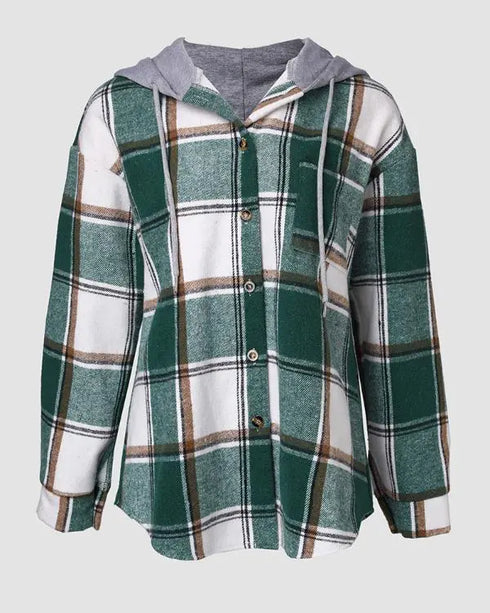 Plaid Print Long Sleeve Button Front Drawstring Hoodie Coat Casual Pocket Design Thermal Lined Shirt Coat green