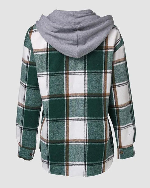 Plaid Print Button Front Pocket Design Drawstring Hoodie Jacket Casual Asymmetrical Hem Thermal Lined Warm Coat green